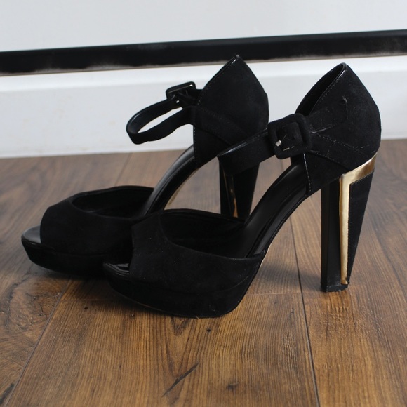4'' Suede Chunky Heels with Gold Detailing - Picture 2 of 4